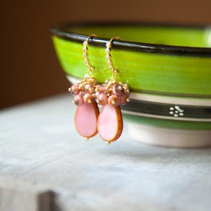 Vintage Pink Earrings, Rose Cluster Teardrop Cz..
