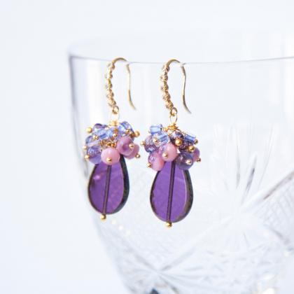 Purple Teardrop Earrings In Gold, Stylish Drop..