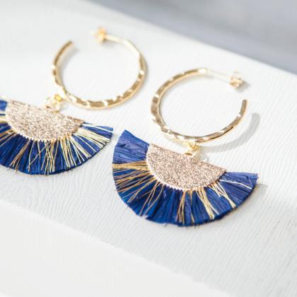Midnight Blue Raffia Earrings, Paper Earrings, Fan..