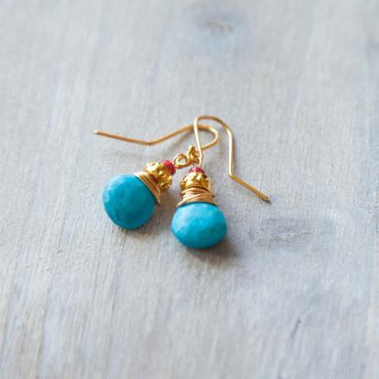 Turquoise Earrings, Tiny Gold Earrings From Real..