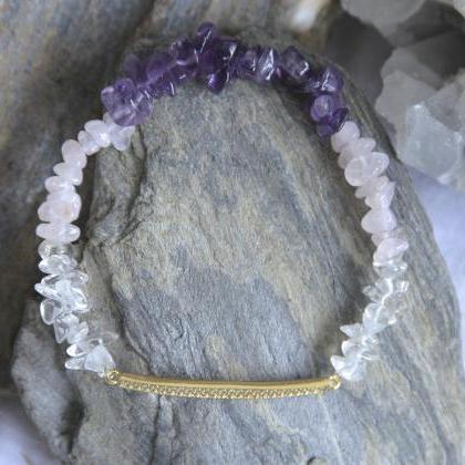 Amethyst And Pink Quartz Cz Bar Bracelet, Purple..