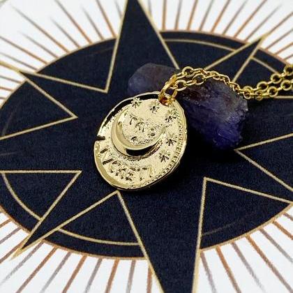 Crescent Moon Coin Medallion Necklace