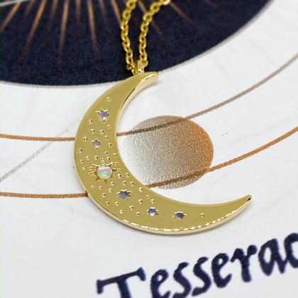 Opal Moon Gold Necklace, Crescent Moon Celestial..