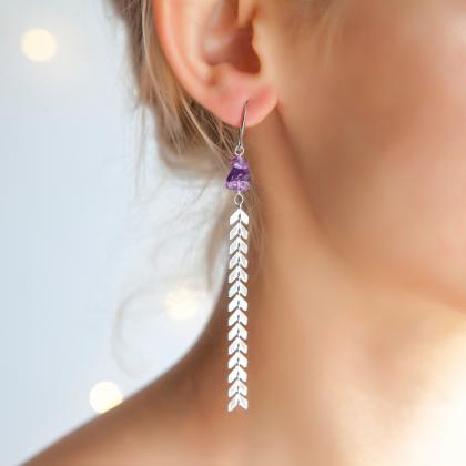 Long Silver Herringbone Amethyst Earrings