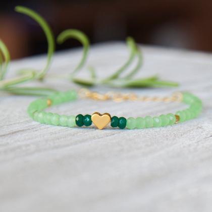 Gold Heart Emerald Jade Bracelet, Beaded Bracelet,..