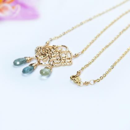 Cloud Necklace, Gemstone Rain Necklace, Gold..