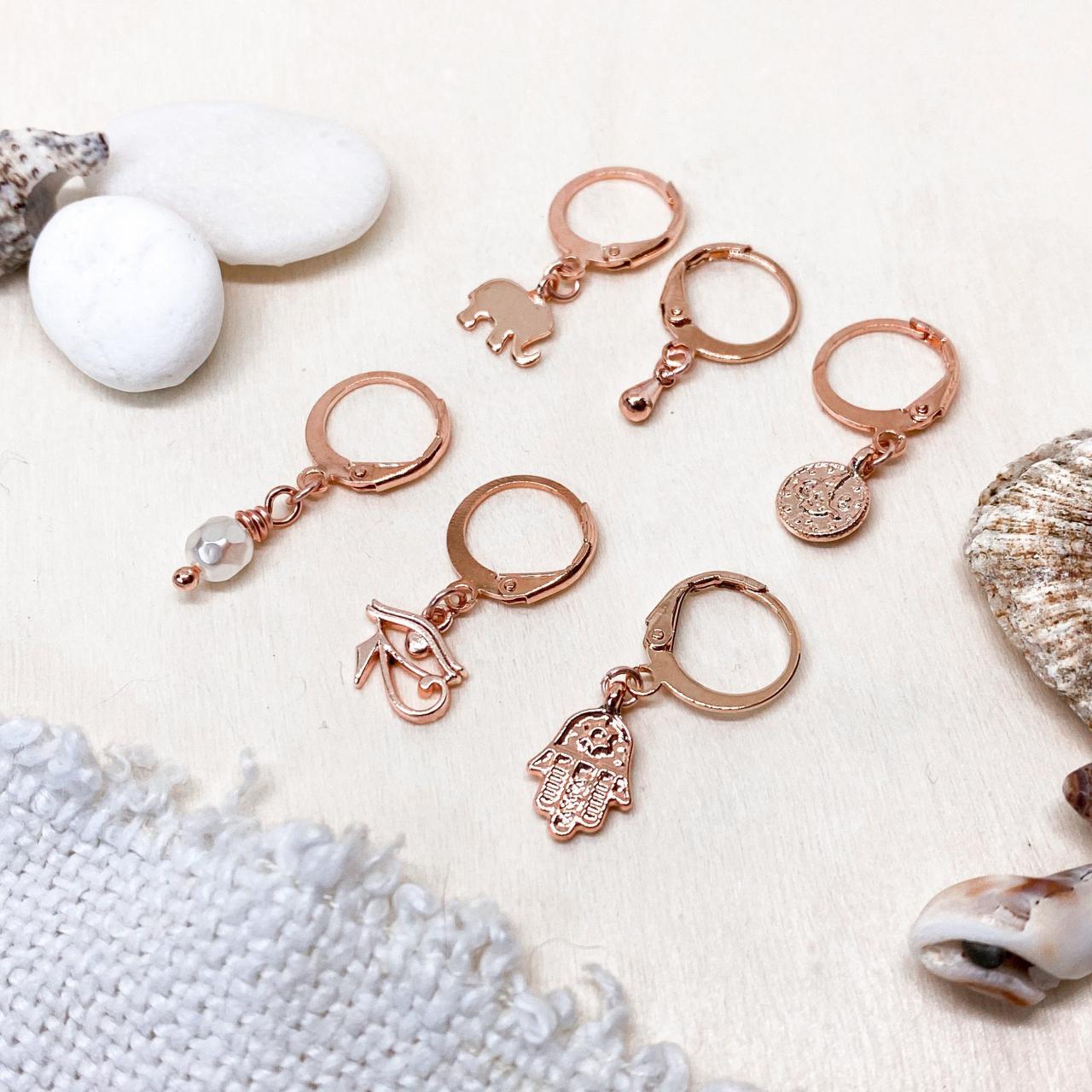 Tiny Boho Hoop Earrings, Mix And Match Huggie Hoop Symbol Earrings, Mismatched Earrings, Tiny Beach Earrings, Rose Gold Earrings