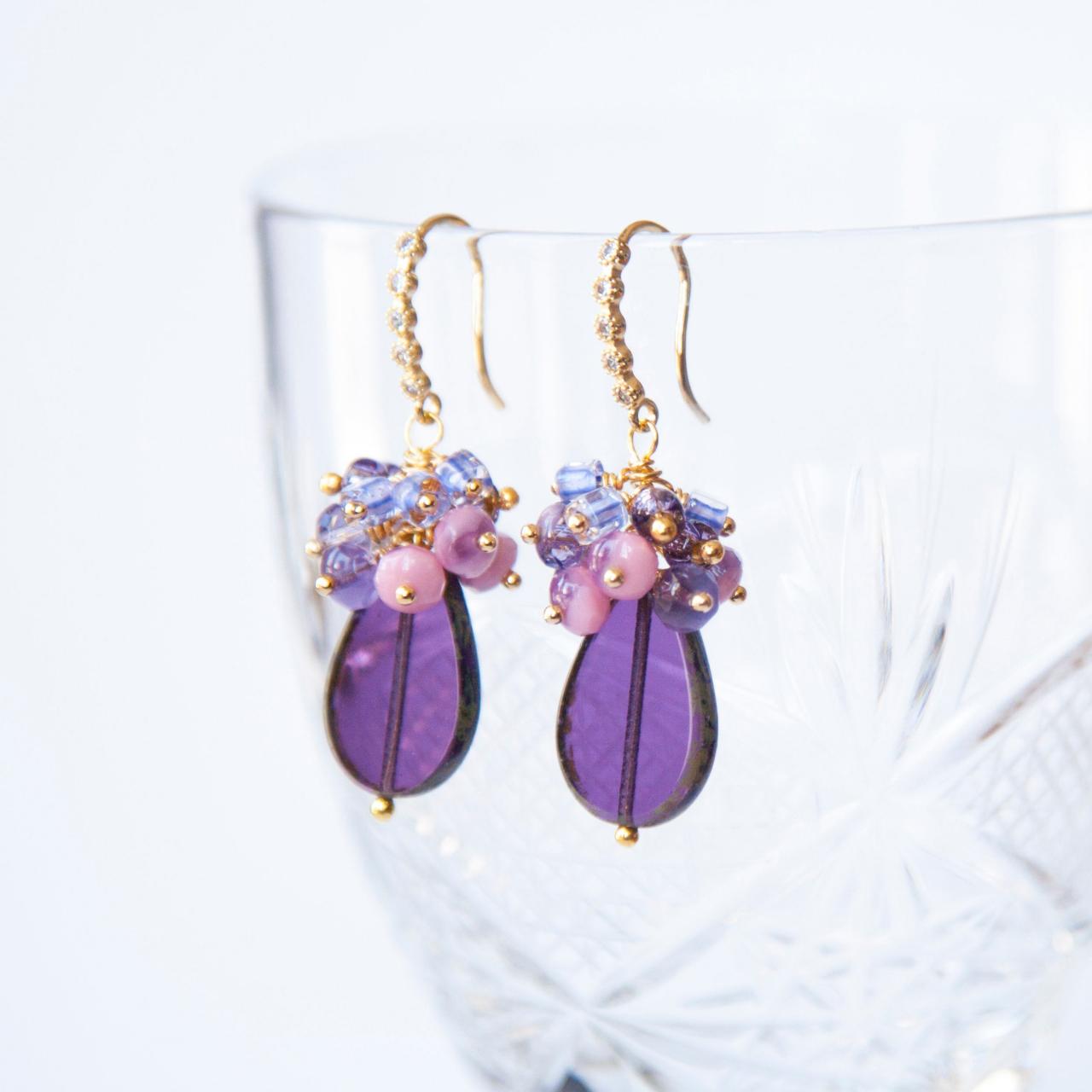 Purple Teardrop Earrings In Gold, Stylish Drop Earrings, Gift For Mum, Gift For Daughter, Bohemian Cluster Earrings, Unique Jewelry