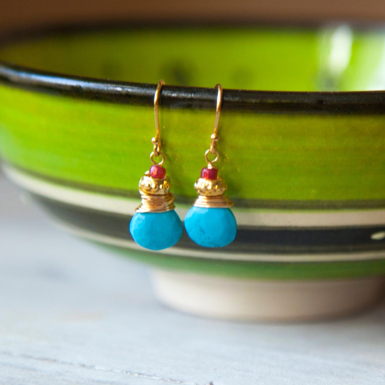 Turquoise Earrings, Tiny Gold Earrings From Real Turquoise And Czech Glass, Boho Earrings Oriental Egyptian Ethnic Gypsy Statement Earrings
