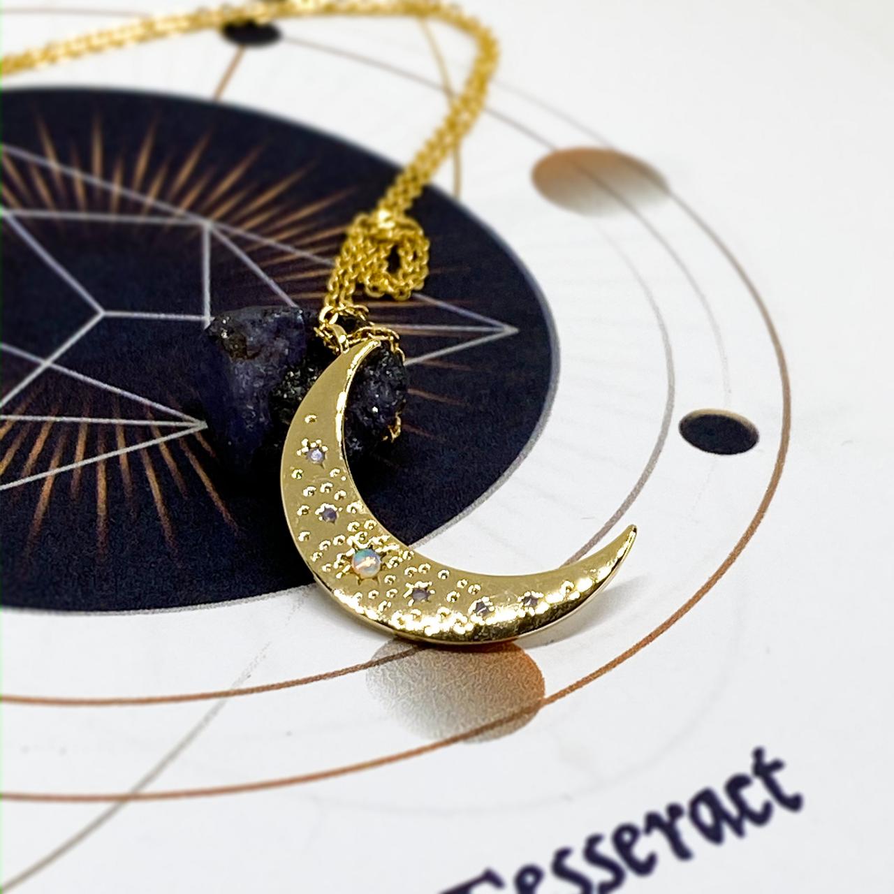 Opal Moon Gold Necklace, Crescent Moon Celestial Necklace, Large Moon Pendant, Galaxy Necklace, Celestial Jewelry, Witchy Jewelry