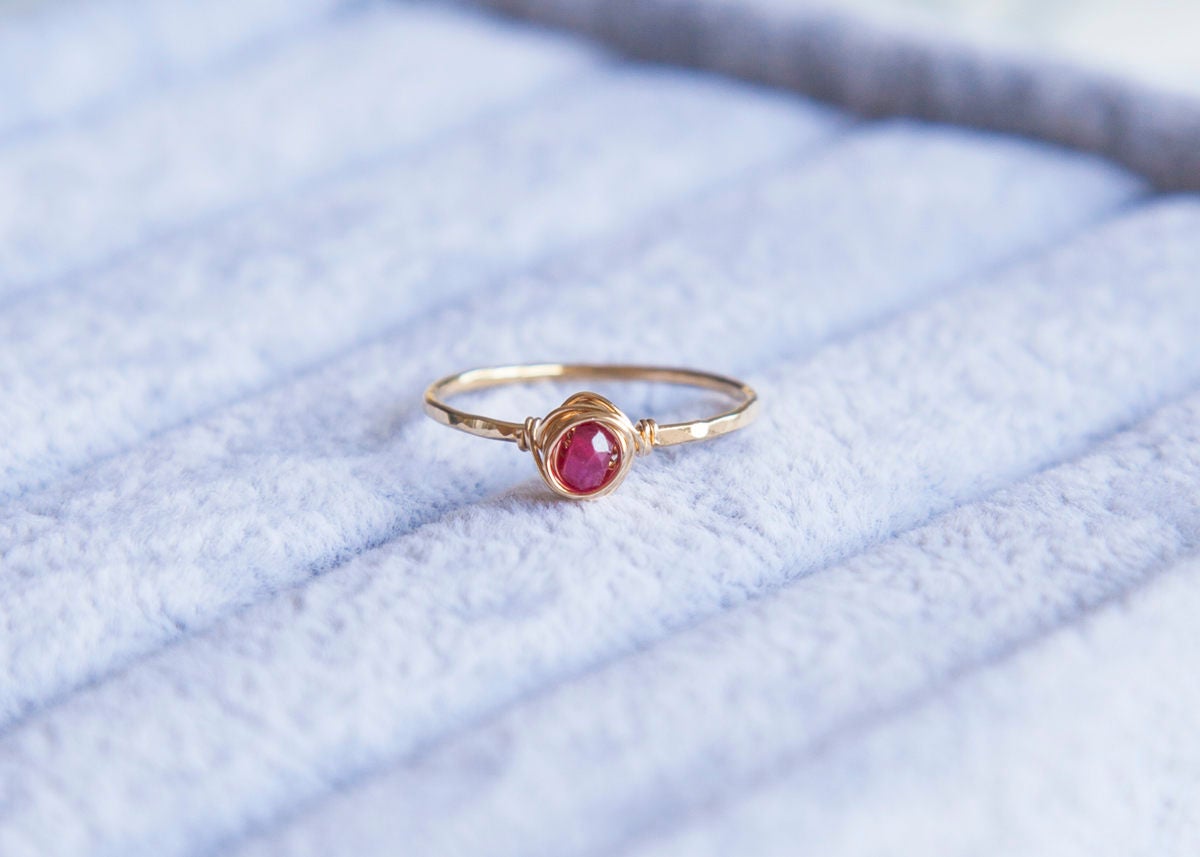 Natural Ruby Ring, July Birthstone Hammered Ring, Raw Stone Ring, Textured Ruby Ring, Wire Wrapped Ruby Ring