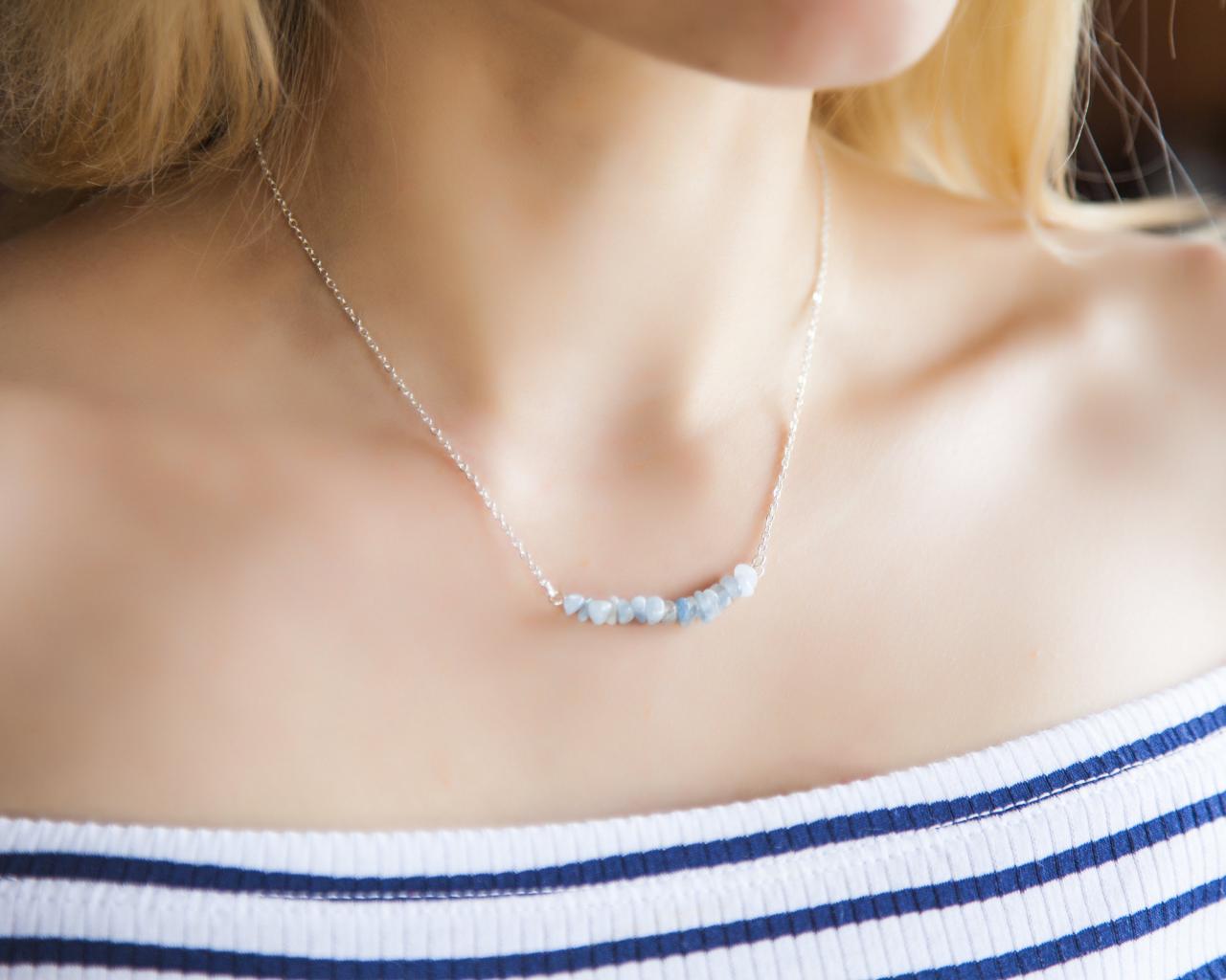Raw Aquamarine Necklace, Raw Stone Bar Necklace, Blue Semiprecious Gemstone Beaded Necklace, March Birthstone Necklace, Aries Sun Stone