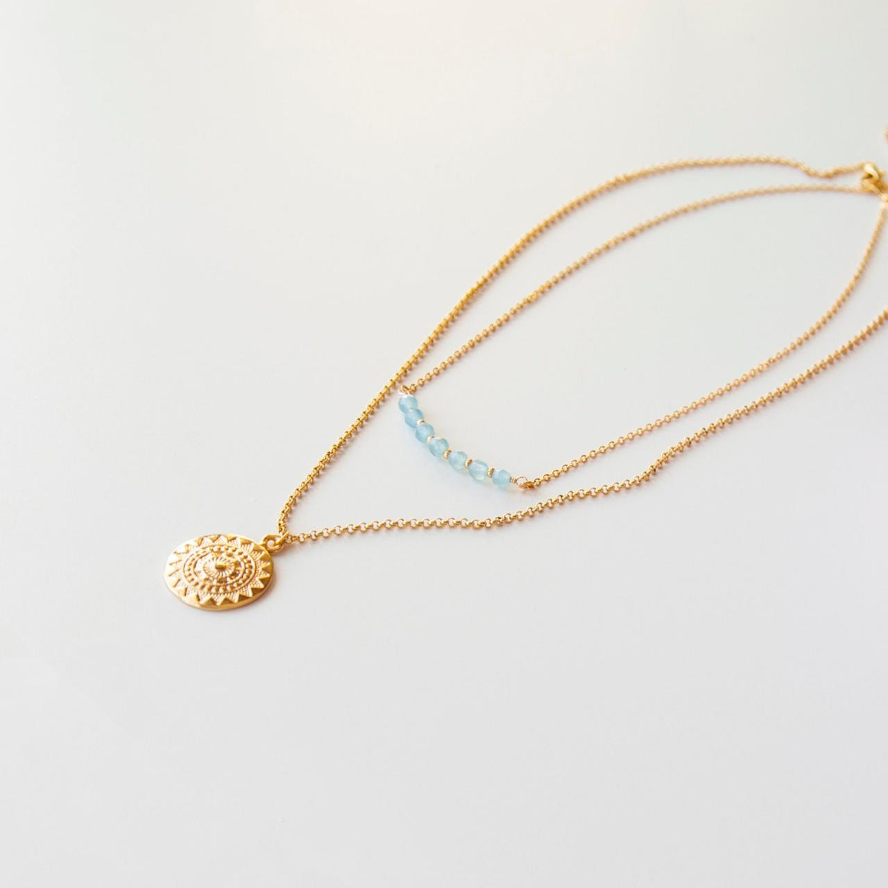 Two Layer Boho Necklace, Gold Sun Medallion And Beaded Aquamarine Necklace, Ethnic Pendant Necklace, Blue Gemstone Necklace, Summer Jewelry