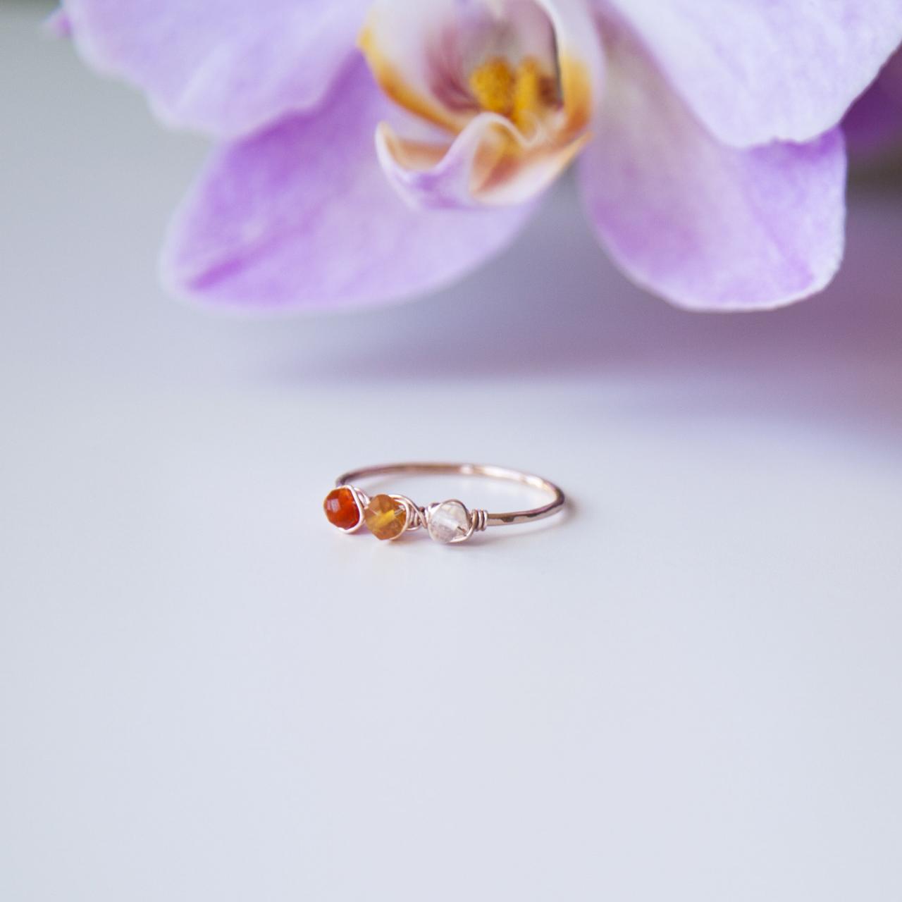 Triple Opal Rose Gold Ring, Natural Fire Opal Ring, Raw Opal Dainty Ring, Wire Wrapped Opal Ring, Faceted Ombre Opal Ring, Hammered Ring