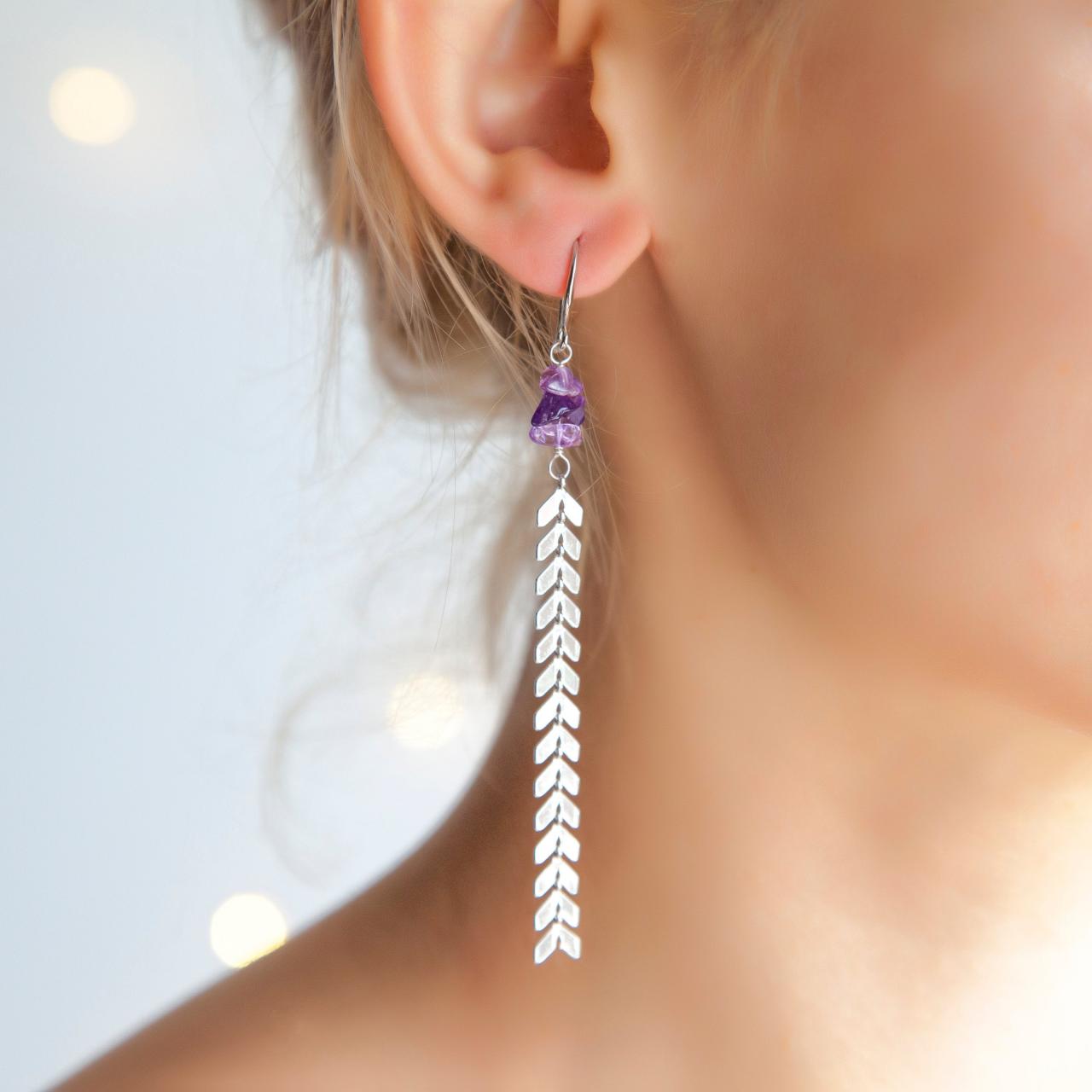 Long Silver Herringbone Amethyst Earrings