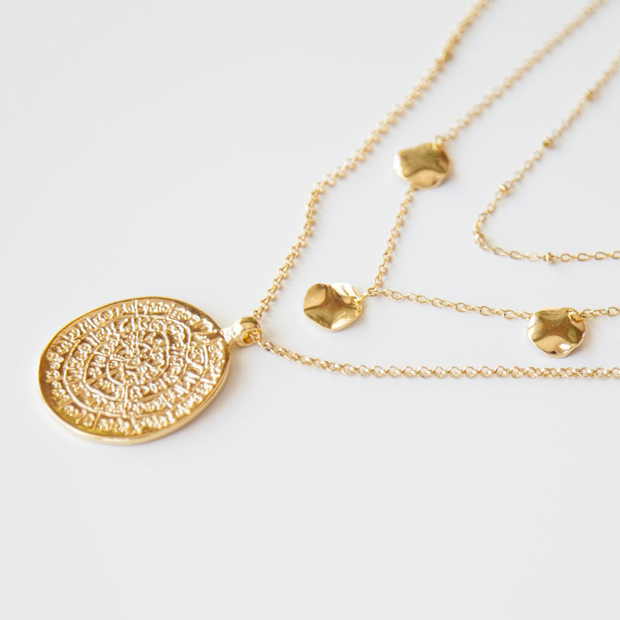 Boho Medallion Necklace, Three Layer Necklace, Boho Layered Gold Necklace, Ancient Pendant Necklace, Hammered Coins Necklace, Long Necklace