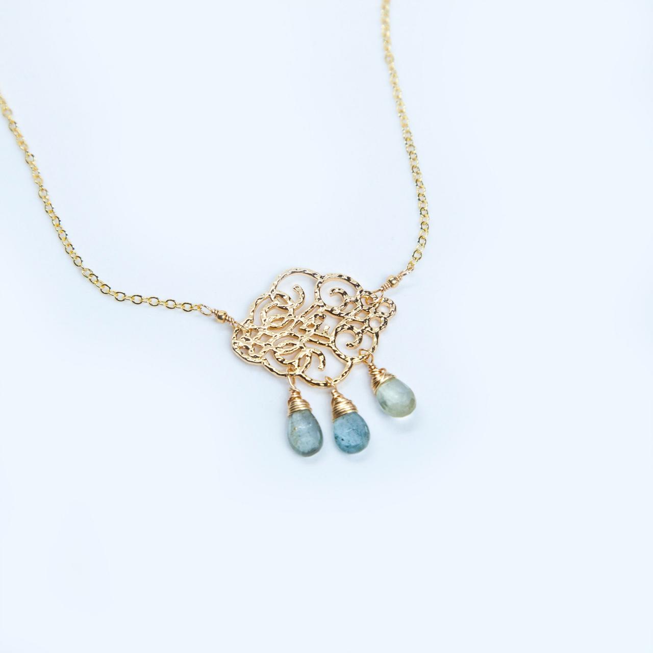 Moss Aquamarine Cloud Necklace, Rain Cloud Necklace, Aquamarine Gold Hammered Pendant Necklace, March Birthstone Necklace