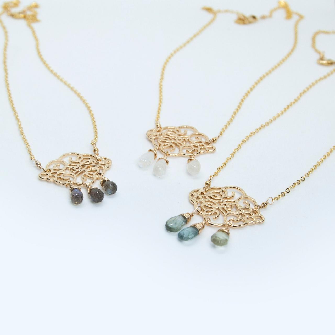 Cloud Necklace, Gemstone Rain Necklace, Gold Hammered Pendant Necklace, Gem Drops Necklace, Delicate Statement Jewelry