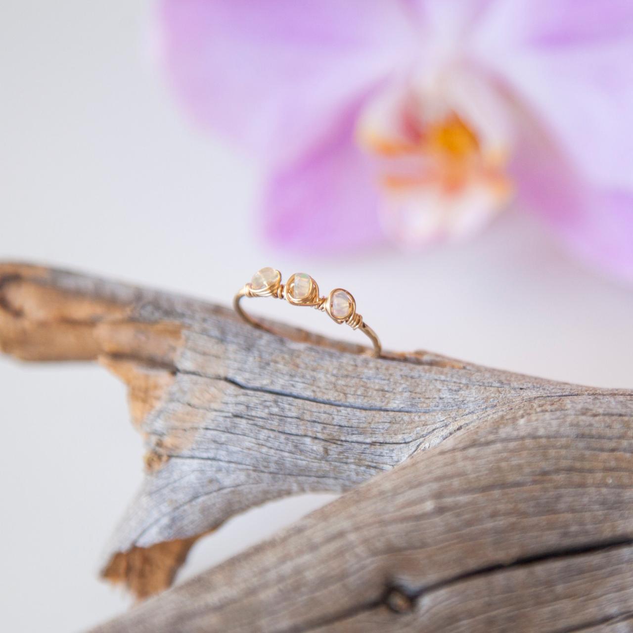 Triple Ethiopian Opal Gold-filled Ring, Dainty Textured Band Ring, Unique Jewelry Gift For Her