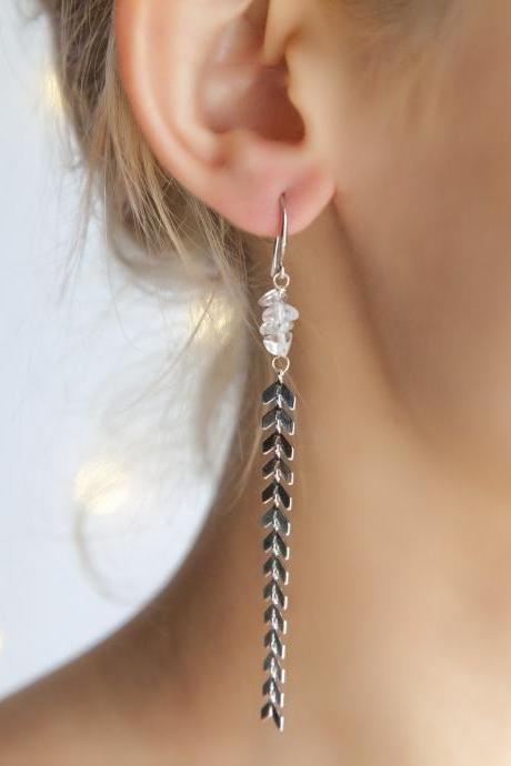 Long Quartz Silver Herringbone Earrings