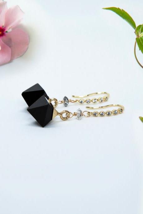 Black Onyx Gemstone Gold Earrings